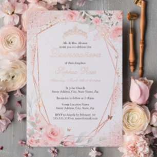 Roségold Rosa Blush Schmetterling Floral Quinceane Folieneinladung