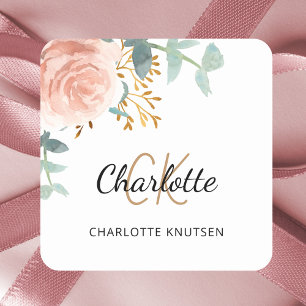Roségold rosa florale Grünzeug Namensmonogramm Quadratischer Aufkleber