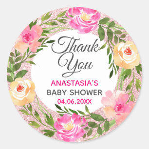 Roségold-Rosa-Floraler Kranz Danke Baby Shower Runder Aufkleber