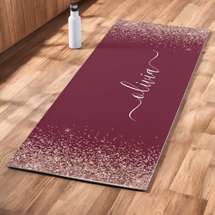Roségold-Rosa Glitter Burgunder Monogramm Yogamatte