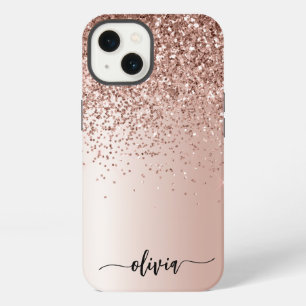 Roségold - Rosa Glitter Metall Monogramm Name iPhone 13 Hülle