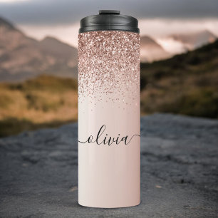 Roségold - Rosa Glitter Metall Monogramm Name Thermosbecher
