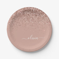 Roségold - Rosa Glitter-Monogramm-Name Pappteller
