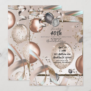 Roségold rosa glitzernde Ballons 40. Geburtstag Einladung