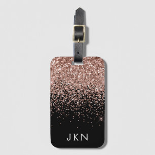 Roségold-Rosa-Schwarz-Glitter-Monogramm Gepäckanhänger