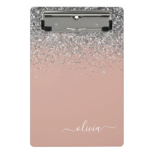 Roségold-Rosa-Silber-Glitter-Monogramm-Feminine Mini Klemmbrett