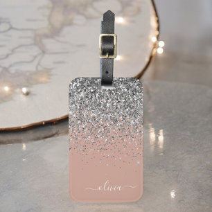 Roségold-Rosa-Silber-Glitter-Monogramm Gepäckanhänger