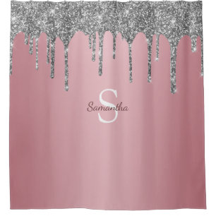 Roségold-Rosa-Silber-Glitter-Tropf Monogramm Name Duschvorhang