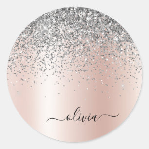 Roségold - Rosa Silbergestickter Monogramm Runder Aufkleber