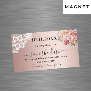 Roségold rosa Spitzen-Hochzeit Save the Date Magne Magnetkarte