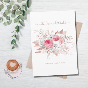 Roségold-Rosa-Weiße-Aquarell-Blumen-Hochzeit Dankeskarte