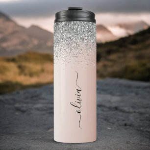 Roségold - Rosafarbenes Glitter Silber Monogramm Thermosbecher