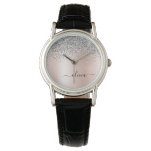 Roségold - Rosafarbenes Silber Glitter Monogramm Armbanduhr