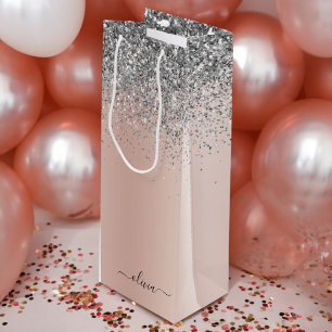 Roségold - Rosafarbenes Silber Glitter Monogramm Geschenktüte Für Weinflaschen