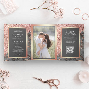 Roségold-Schiefergraue Marmor-QR-Code-Hochzeit Dreifach Gefaltete Einladung