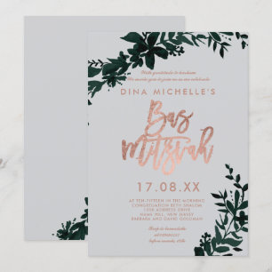 Roségold-Schrift Floral grün grau Bas Mitzwa Einladung