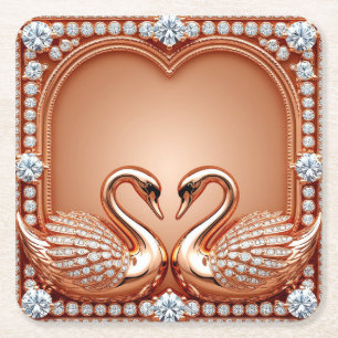 Roségold-Schwäne Diamant Herz Verzierte Romantisch Rechteckiger Pappuntersetzer