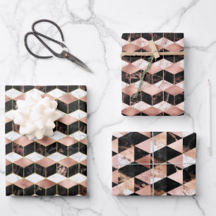 Roségold, Schwarz & Weiß Marmortextur Geometrisch Geschenkpapier Set