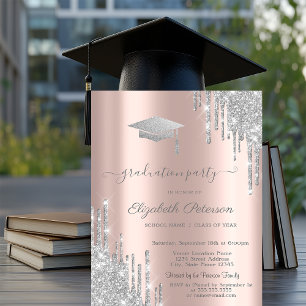 Roségold, Silber Glitter Graduiertenmütze tropft Einladung
