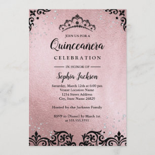 Roségold-Tiara-Damask-Quinceanera Einladung