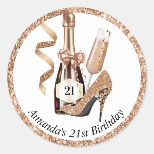 Roségoldene Absätze und Champagner-Frauen-Geburtst Runder Aufkleber
