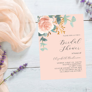 Roségoldene Blumen, Grün, Pfirsich, Brautparty Einladung