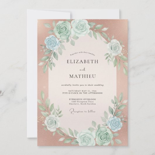 Roségoldene florale Hochzeit Einladung (Vorderseite)