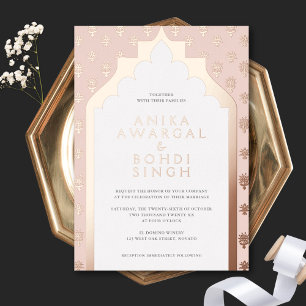 Roségoldene indische Hochzeit mit zartrosa Ornamen Folieneinladung
