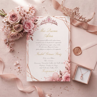 Roségoldene Prinzessin-Quinceañera in Blush-Pink Einladung