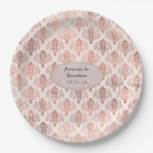 Roségoldene und rosafarbene Damastfolie-Hochzeit Pappteller