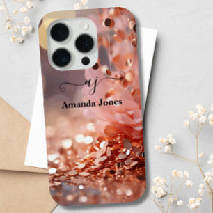Roségoldener Blüten-Glitter-Monogramm-Schimmer Ros iPhone 15 Pro Hülle