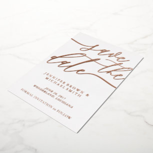 Roségoldfolie Foto Hochzeit Termin merken Folieneinladung