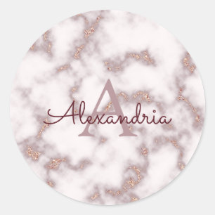 Roségoldfolie Glitter Rosa Marmor Name Monogramm Runder Aufkleber