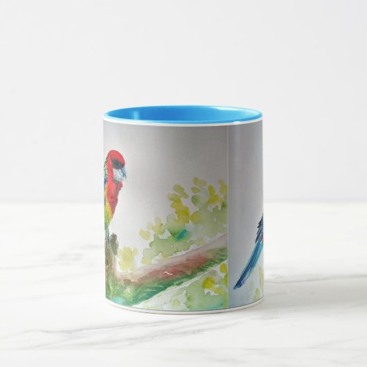 Rosella Parrot auf Zweig Wasserfarbe Tasse Blau (Zentrum)