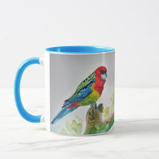 Rosella Parrot auf Zweig Wasserfarbe Tasse Blau (Links)