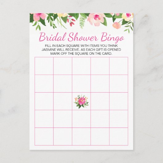 Rosella Pink Blume Brautparty Bingo Karte (Vorderseite)