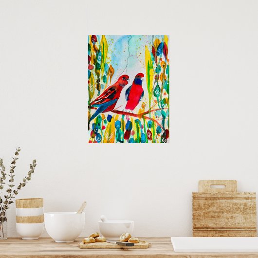 Rosella-Vögel in der Baumwasserfarbenkunst Poster (Küche)