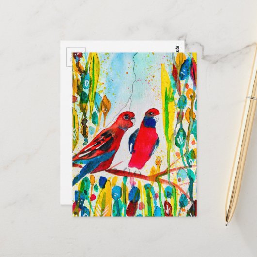 Rosella-Vögel in der Baumwasserfarbenkunst Postkarte (Vorderseite/Rückseite Beispiel)