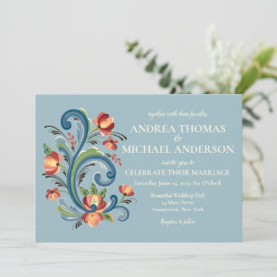 Rosemaling Blau und Rot Hochzeitseinladung Einladung