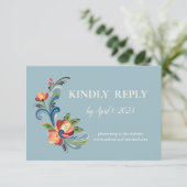 Rosemaling Blue and Red Response Card RSVP Karte (Stehend Vorderseite)