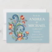 Rosemaling Blue and Red Save the Date Einladung (Vorderseite)