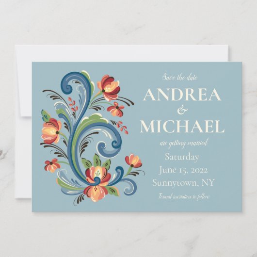 Rosemaling Blue and Red Save the Date Einladung (Vorderseite)