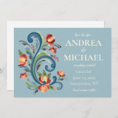 Rosemaling Blue and Red Save the Date Einladung (Vorne/Hinten)