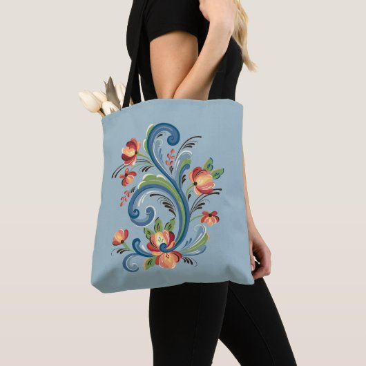 Rosemaling Blue und Red Tasche (Von Nahem)