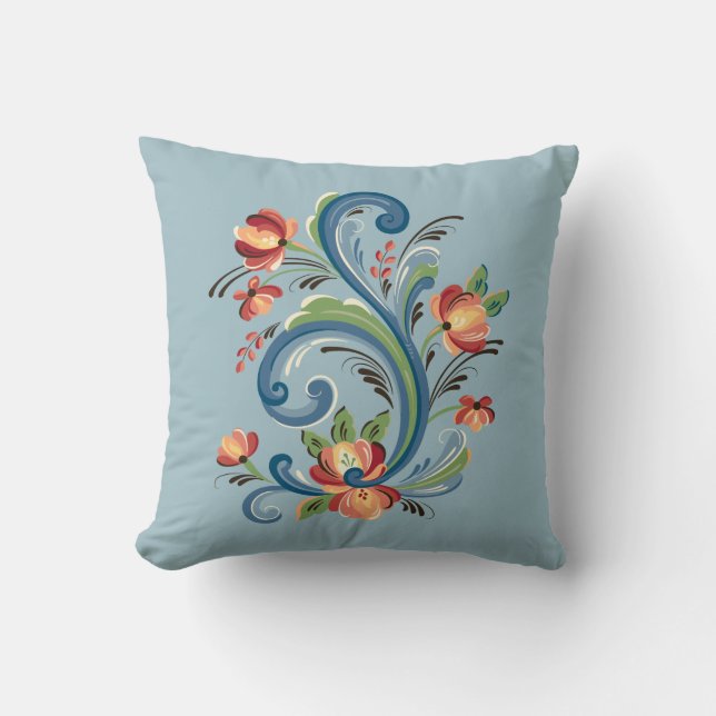 Rosemaling in Blau und Rot Kissen (Vorderseite)