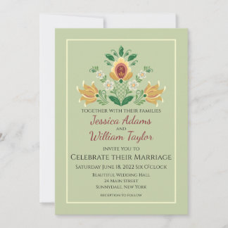 Rosemaling in Green and Gold Wedding Einladung