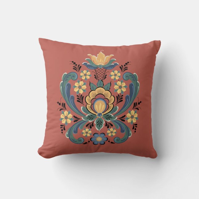 Rosemaling in Rot und Gold Kissen (Vorderseite)