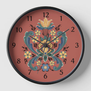 Rosemaling in Rot und Gold Uhr