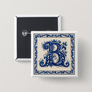 Rosemaling Monogram-Preußisch Blau Button