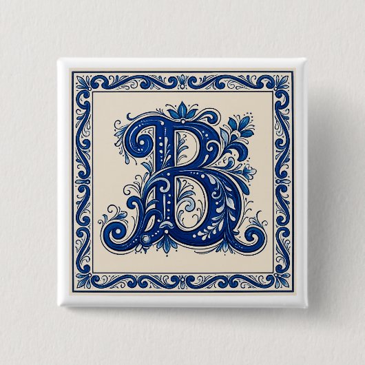 Rosemaling Monogram-Preußisch Blau Button (Vorderseite)